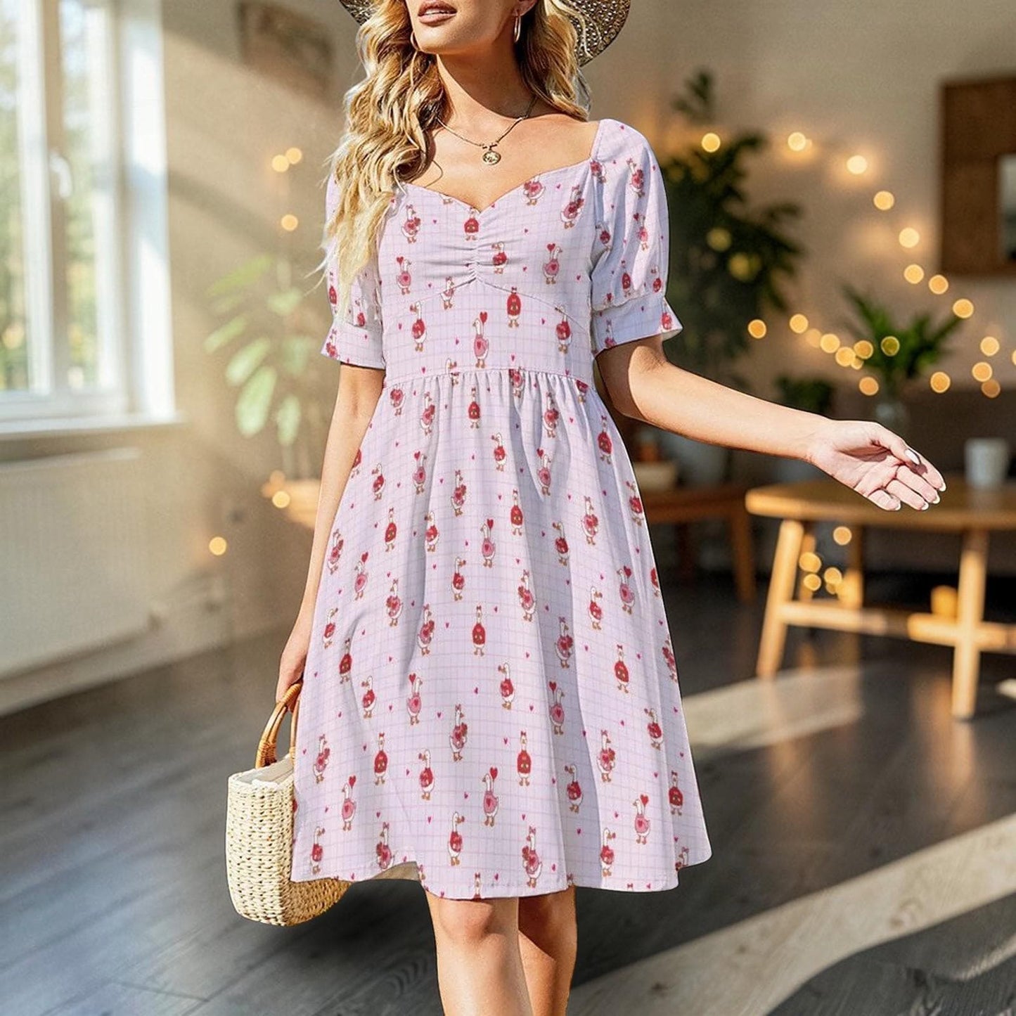 Coquette Sundress, Pink Heart Print Dress, Romantic Fit and Flare Valentine Outfit