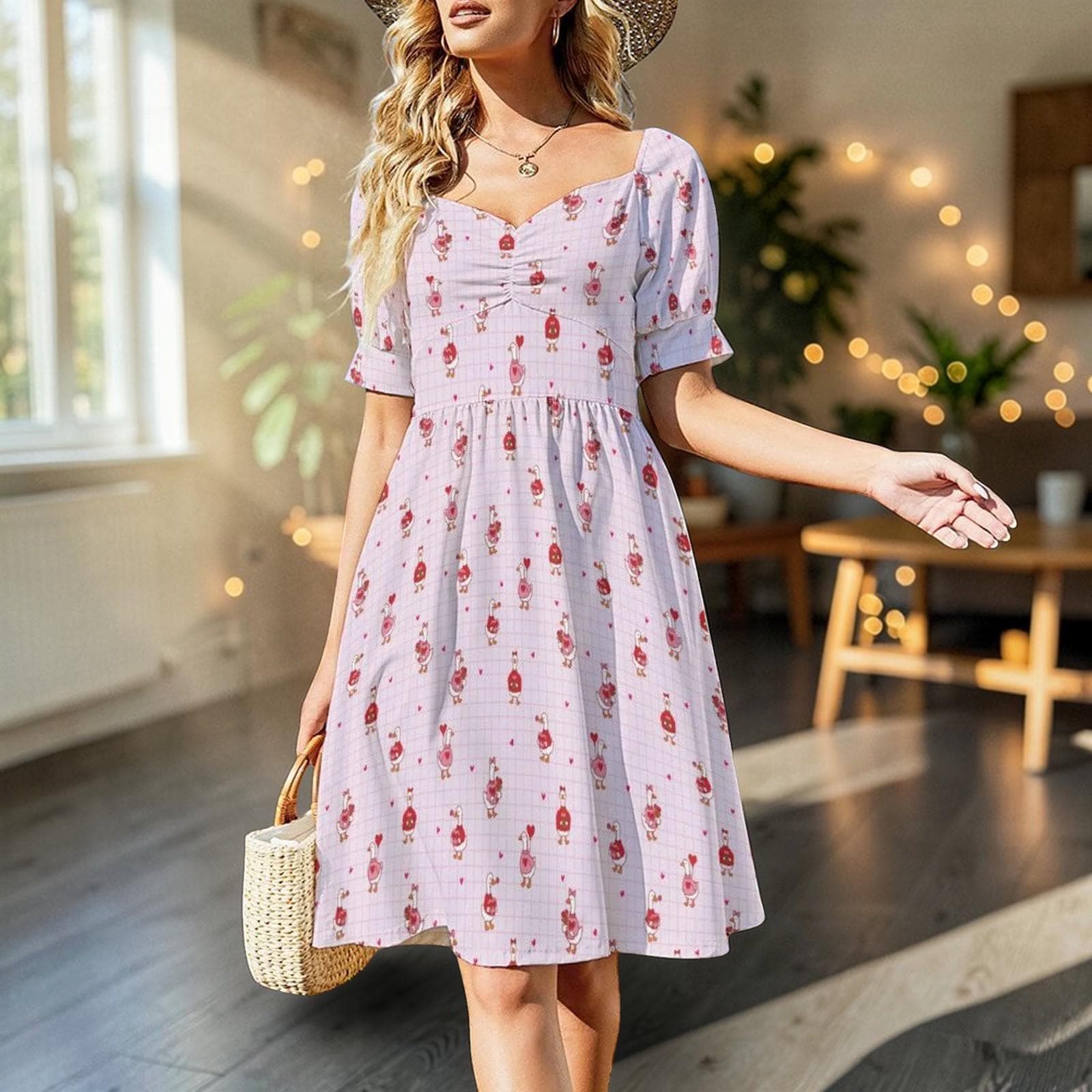 Coquette Sundress, Pink Heart Print Dress, Romantic Fit and Flare Valentine Outfit