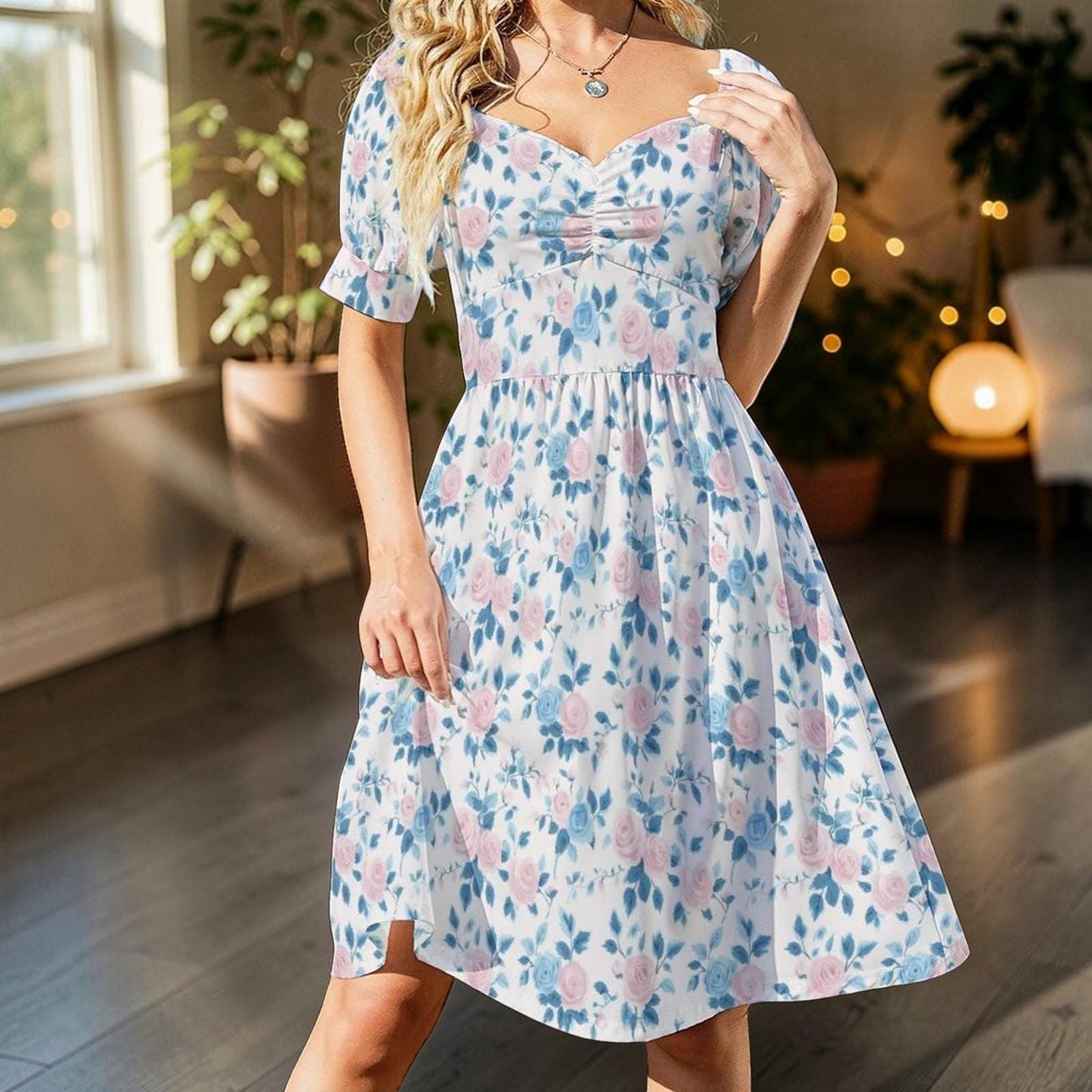Baby Shower Guest Dress, Blue Floral Prairie Midi for Women, Feminine Sunday Best Outfit