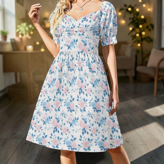 Baby Shower Guest Dress, Blue Floral Prairie Midi for Women, Feminine Sunday Best Outfit