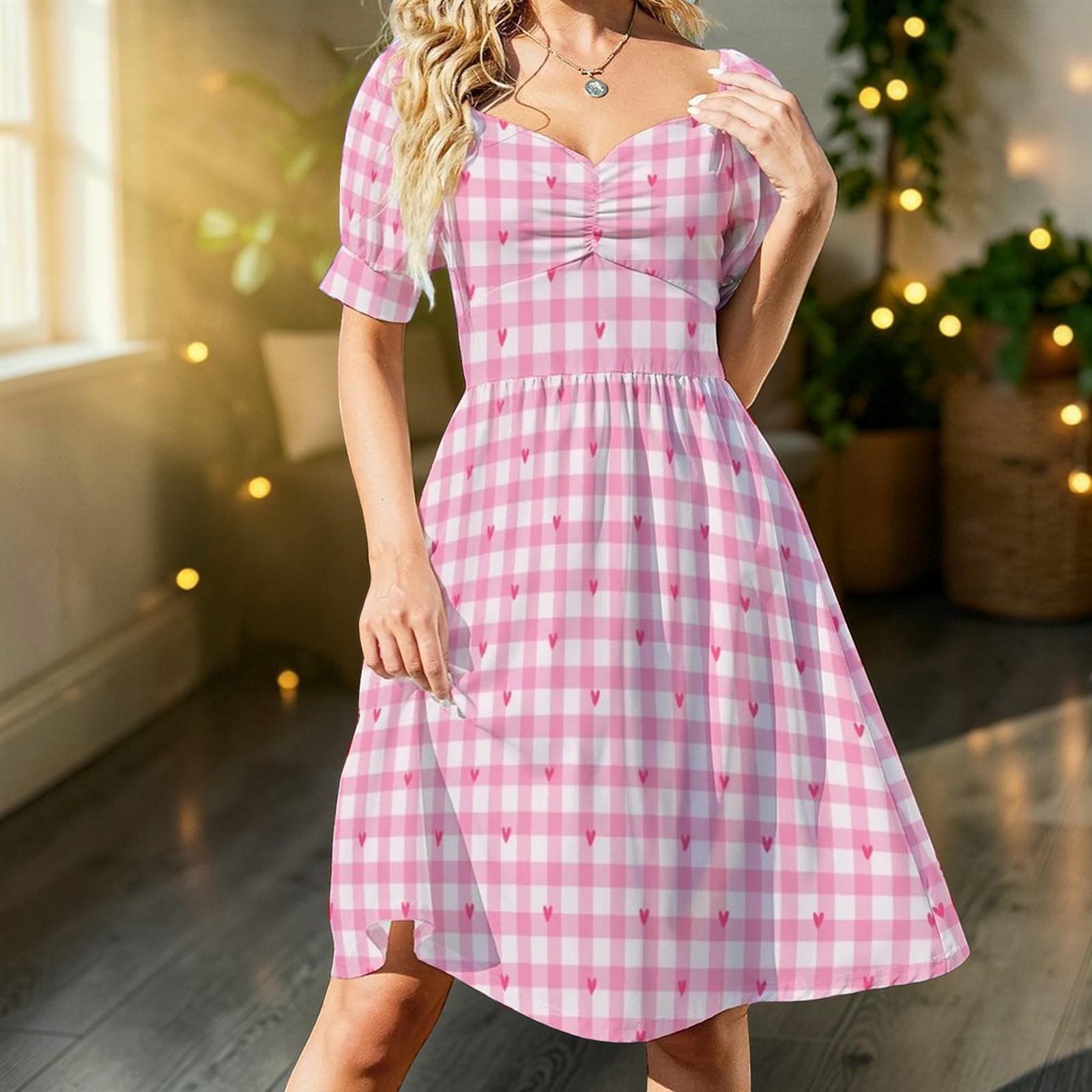 Pink Gingham Midi Dress with Hearts, Puff Sleeve Coquette Dress