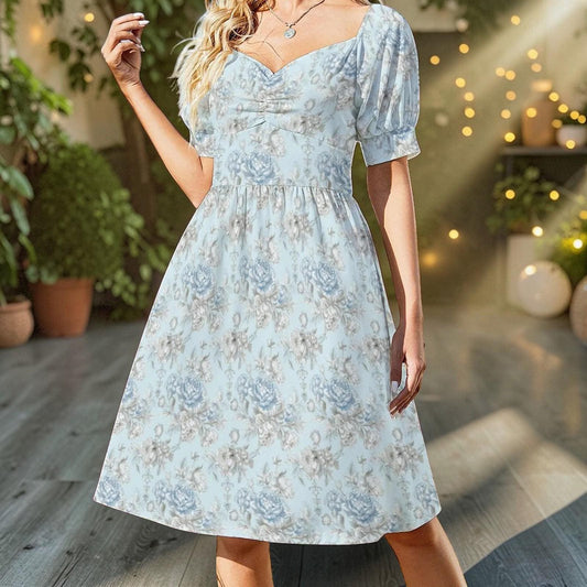 French Country Blue Rose Midi Dress, Puff Sleeve Sweetheart Tea Dress