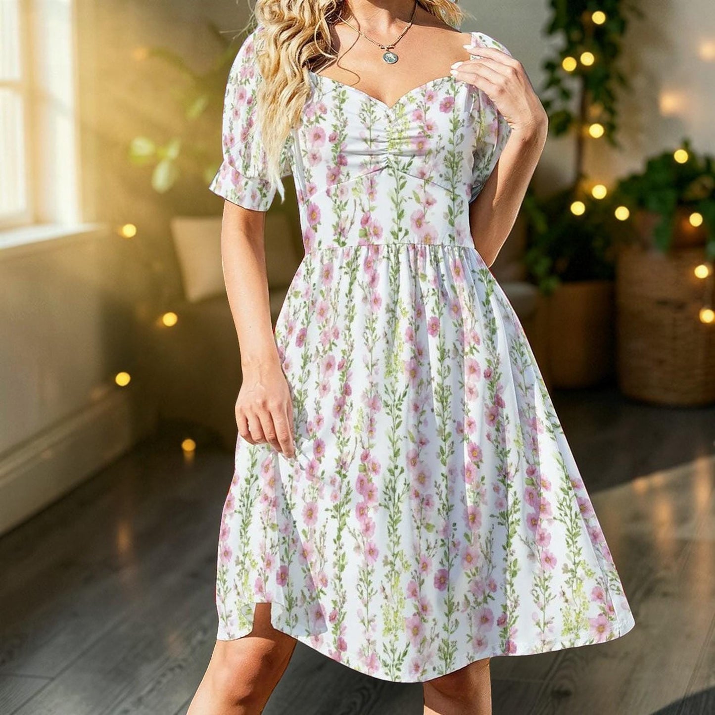 Pink Prairie Dress, Sweetheart Floral Dress, Puff Sleeve Spring Picnic Outfit