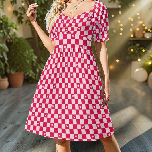 Valentine Check Dress, Pink Heart Pattern Dress, Retro Sweet Date Outfit
