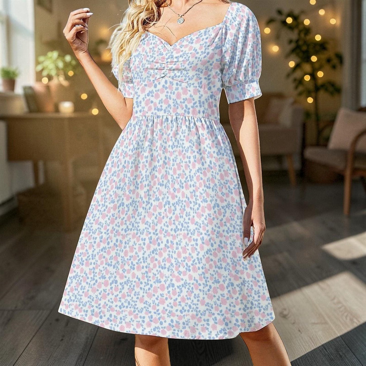 Pastel Floral Midi Dress, Puff Sleeve Tea Party Dress, Sweetheart Neck Sundress