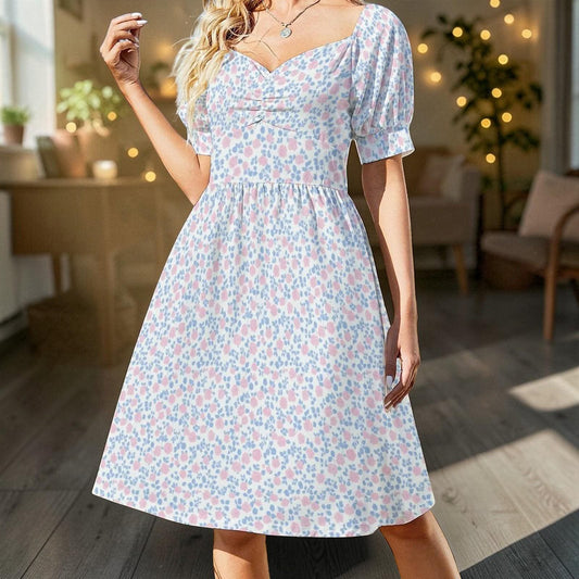 Pastel Floral Midi Dress, Puff Sleeve Tea Party Dress, Sweetheart Neck Sundress