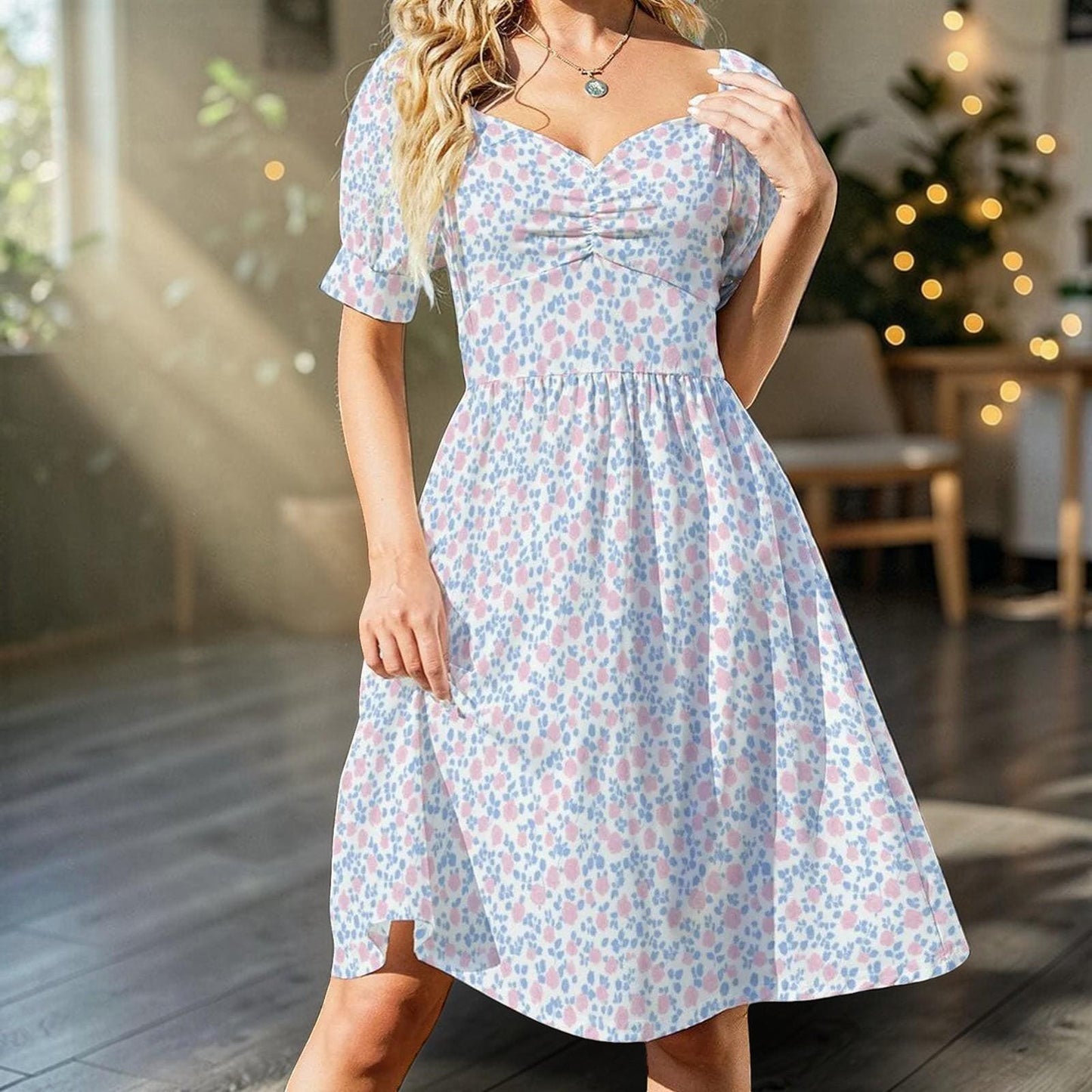 Pastel Floral Midi Dress, Puff Sleeve Tea Party Dress, Sweetheart Neck Sundress