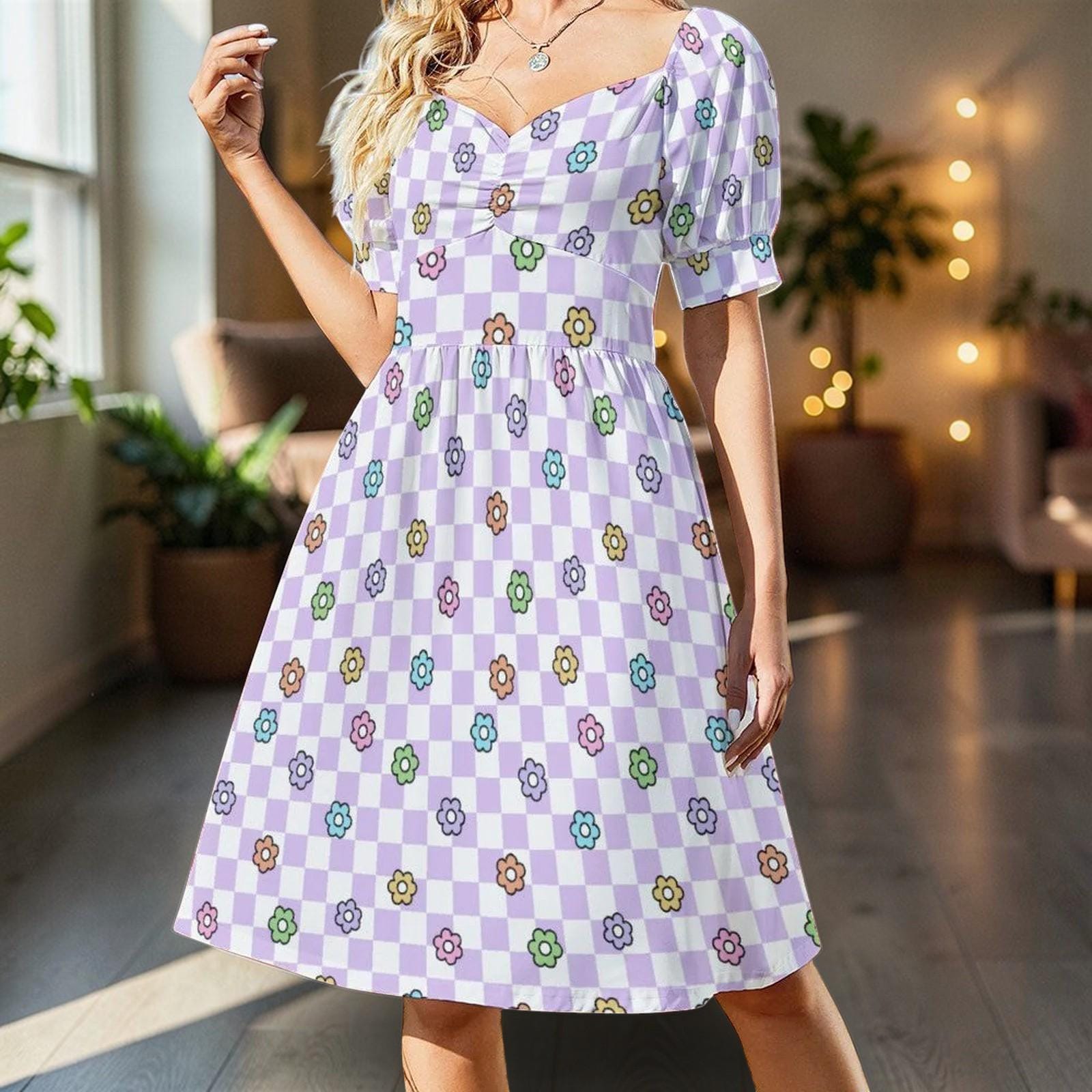 Lavender Checkerboard Dress, Groovy Daisy Midi for Picnic Dates and Spring Parties