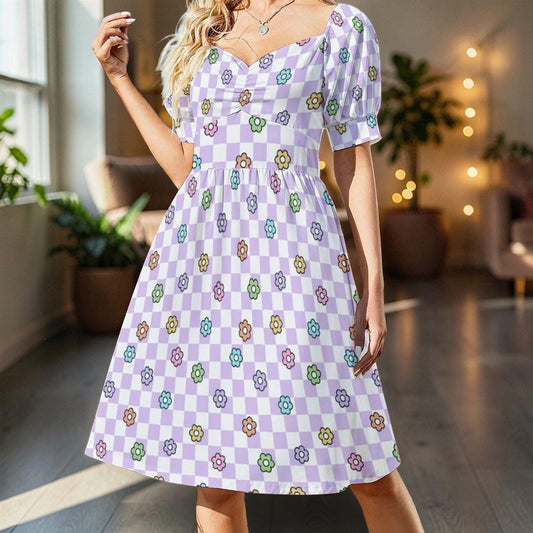 Lavender Checkerboard Dress, Groovy Daisy Midi for Picnic Dates and Spring Parties