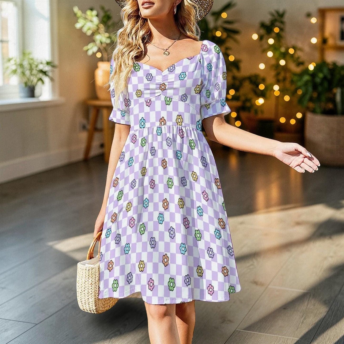 Lavender Checkerboard Dress, Groovy Daisy Midi for Picnic Dates and Spring Parties