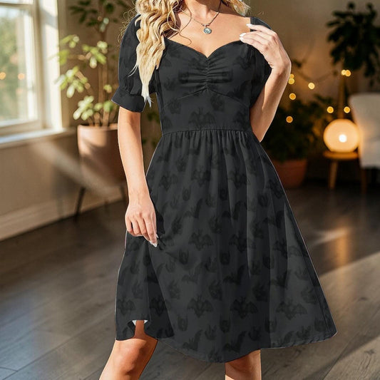 Spooky bat print dress, Halloween puff sleeve look, gothic summer outfit, alt fairycore bat fashion, vampire moon picnic outfit,spooky dress