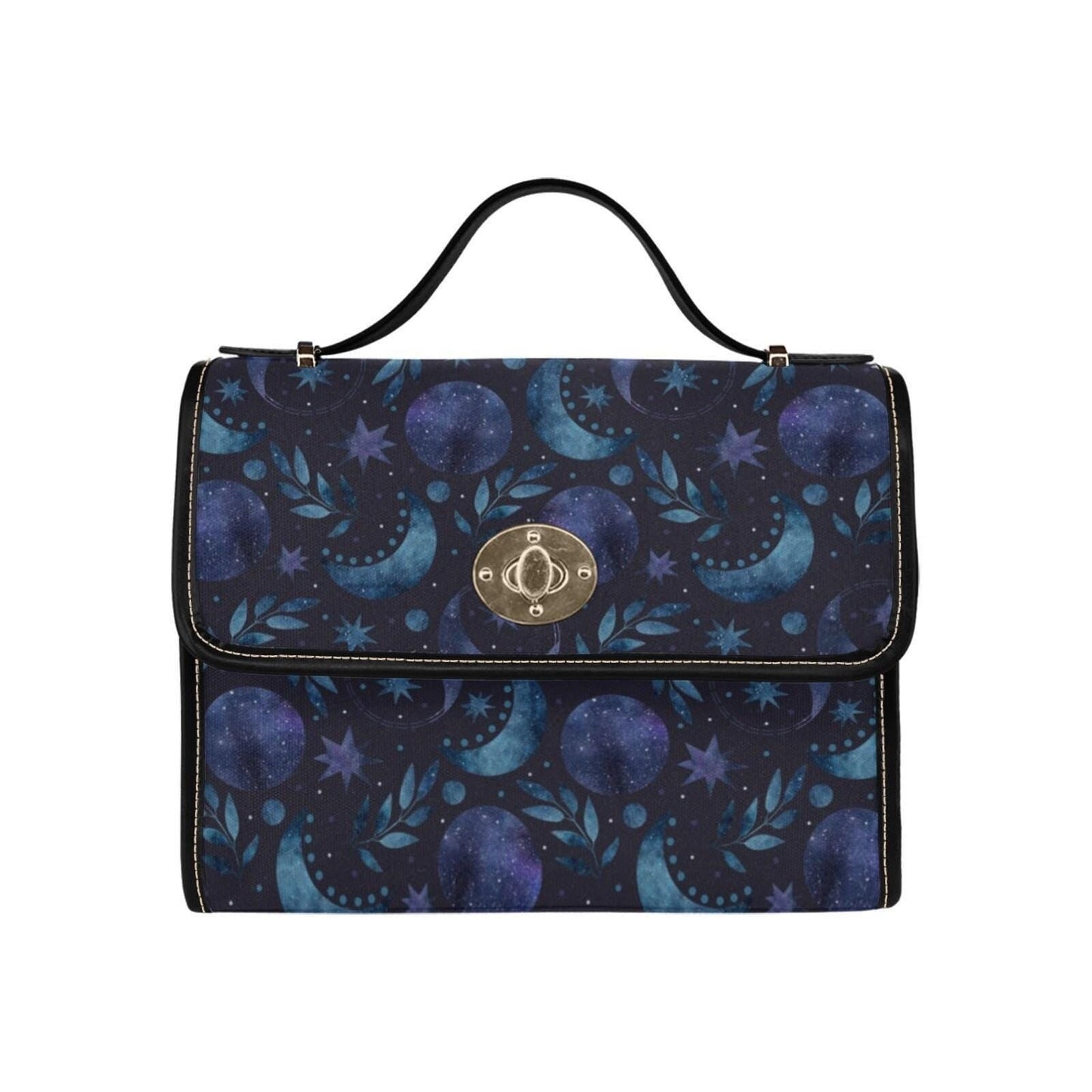 Blue Celestial Top Handle Bag, Moon Stars Structured Purse, Night Sky Handbag