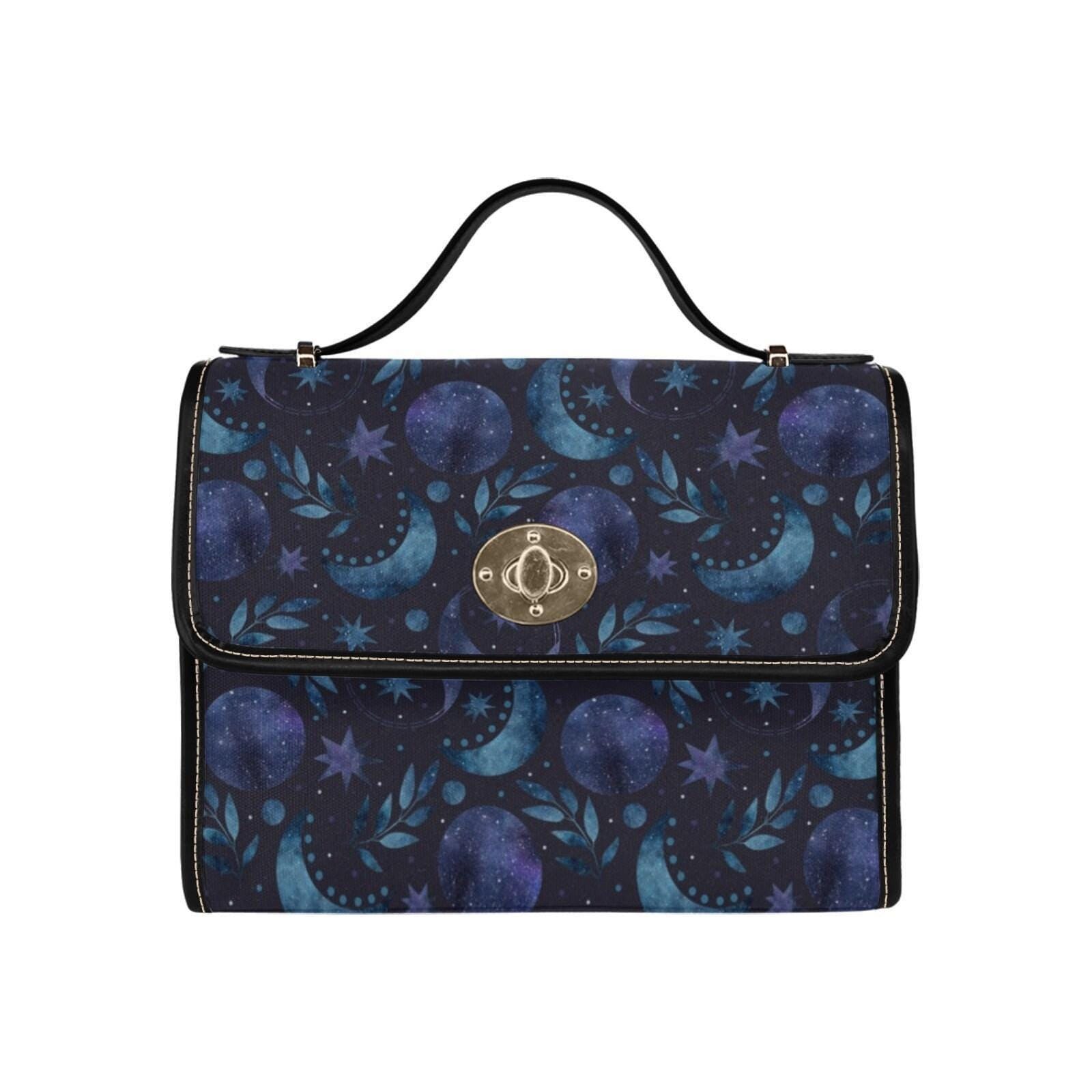 Blue Celestial Top Handle Bag, Moon Stars Structured Purse, Night Sky Handbag