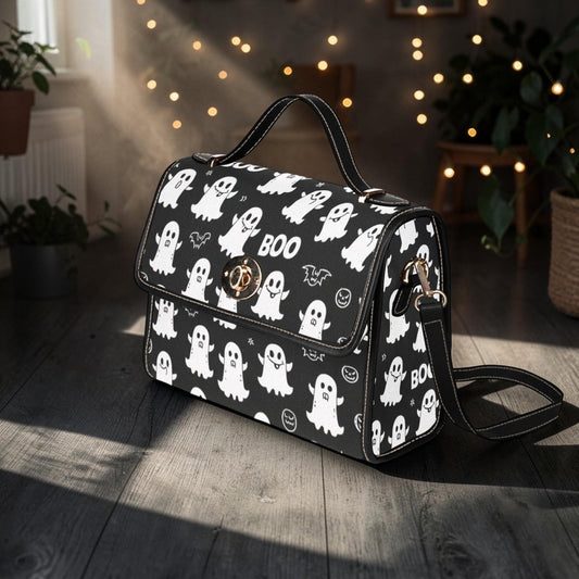 Ghost Print Top Handle Bag, Halloween Satchel, Waterproof Canvas Crossbody Purse