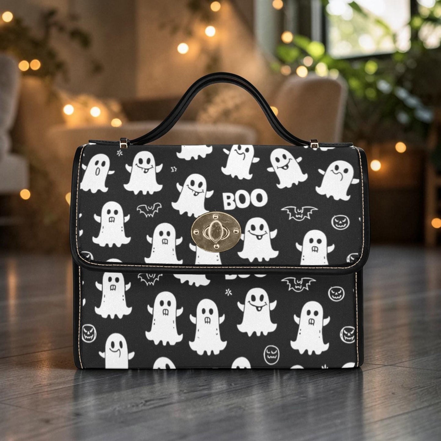 Ghost Print Top Handle Bag, Halloween Satchel, Waterproof Canvas Crossbody Purse for Spooky Season