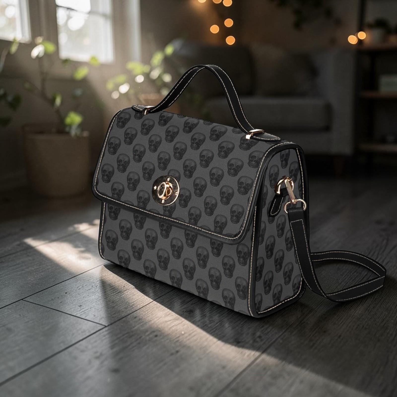 Black Skull Top Handle Bag, Gothic Crossbody Purse, Edgy Occult Satchel, Dark Monochrome Handbag
