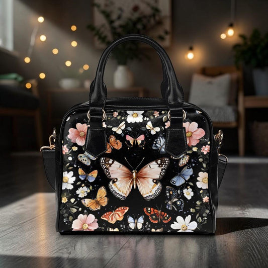 Butterfly floral satchel purse, moth garden handbag, vintage insect crossbody, cottage wildflower top handle