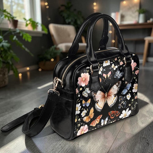 Butterfly floral satchel purse, moth garden handbag, vintage insect crossbody, cottage wildflower top handle