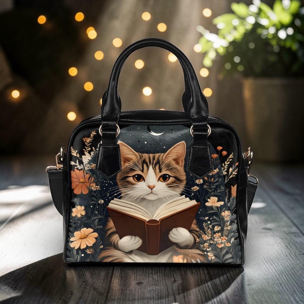 Reading Cat Handbag, Literary Book Lover Purse, Whimsical Night Reader Satchel, Autumn Floral Bag