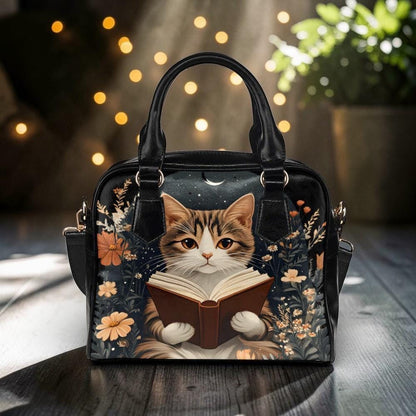 Reading Cat Handbag, Literary Book Lover Purse, Whimsical Night Reader Satchel, Autumn Floral Bag