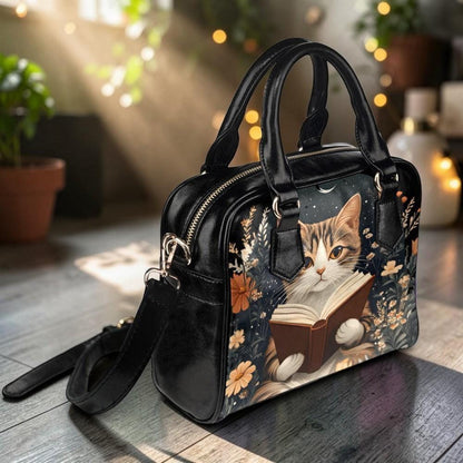 Reading Cat Handbag, Literary Book Lover Purse, Whimsical Night Reader Satchel, Autumn Floral Bag