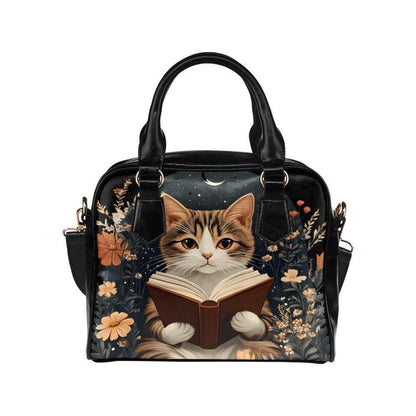 Reading Cat Handbag, Literary Book Lover Purse, Whimsical Night Reader Satchel, Autumn Floral Bag