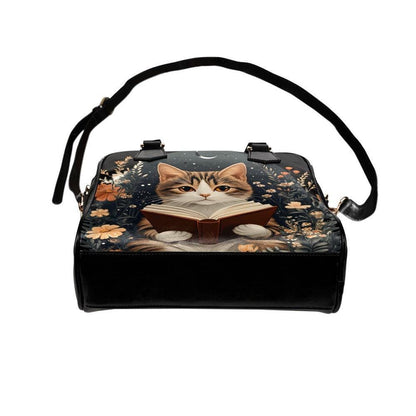 Reading Cat Handbag, Literary Book Lover Purse, Whimsical Night Reader Satchel, Autumn Floral Bag