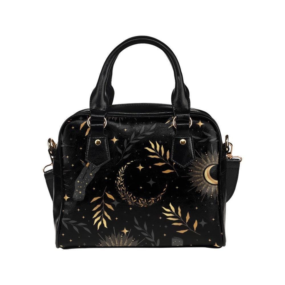 Celestial Satchel Purse, Moon and Stars Handbag, Gothic Botanical Top Handle Bag