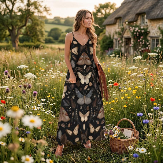 Moth print dress, Dark forest maxi, Vintage insect sundress, Cottagecore moth gown, Mystic pattern outfit, Boho nature style, Witchy dress