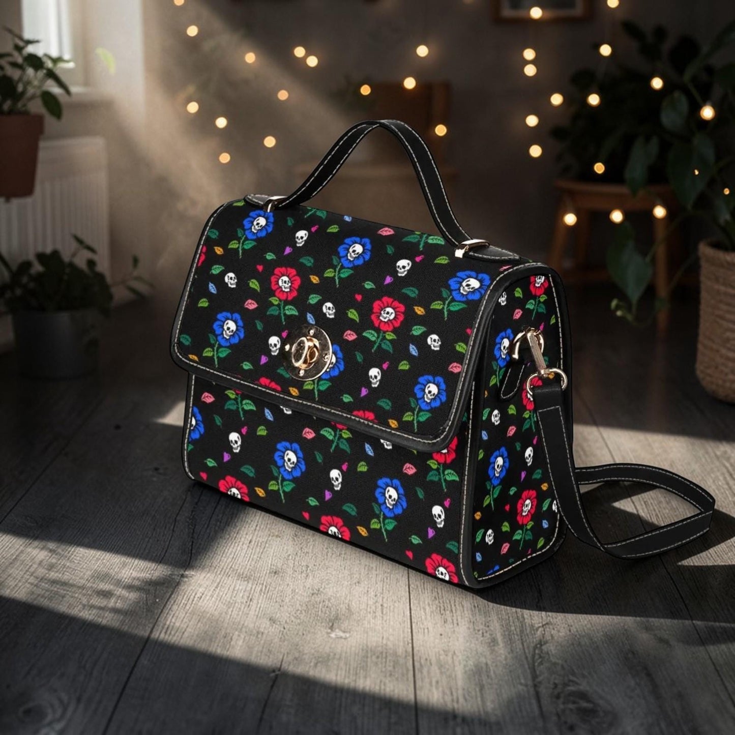 Skull Floral Satchel Bag, Spooky Pastel Goth Crossbody Purse