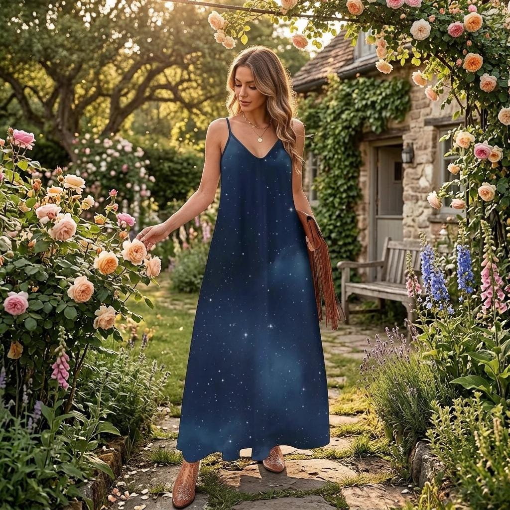 Galaxy night dress, Dark starry maxi, Witchcore summer outfit, Celestial print sundress, Cosmic sky fashion, Moonlit night gown, Star field