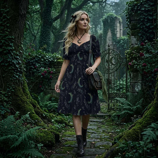 Botanical moon sundress, witchy lunar garden dress, celestial puff sleeve outfit, dark cottage witch fashion, forest goth fairycore