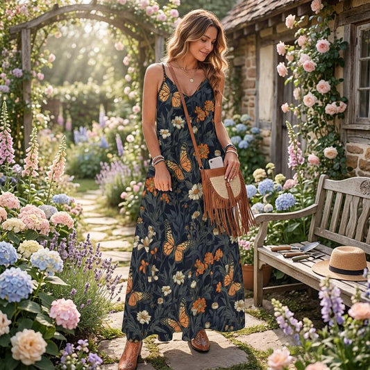 Butterfly Floral Maxi Dress, Cottagecore Nature Dress, Boho Sundress