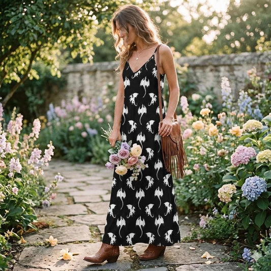Gothic Dragon Print Maxi Dress, Witchy Fantasy Summer Outfit, Fairycore Boho Witch Dress