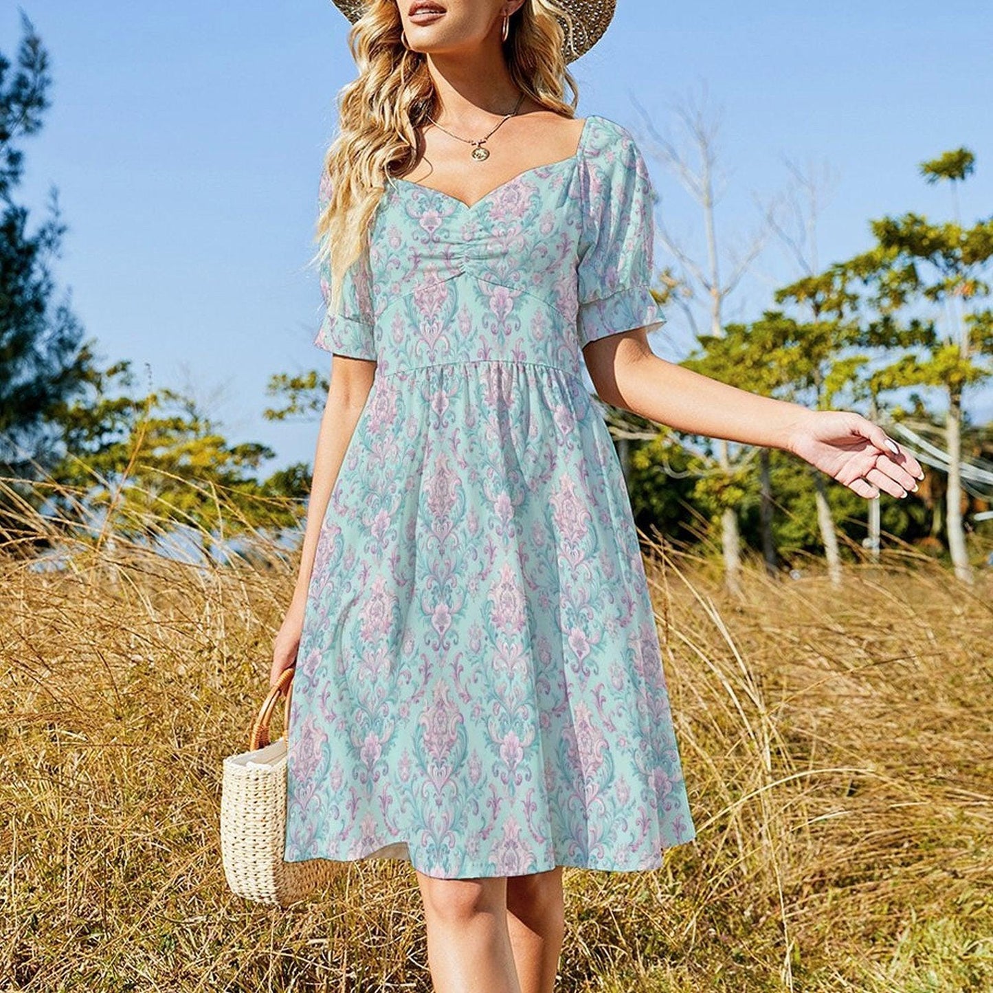 Mint Victorian Midi Dress, Soft Damask Sundress, Feminine Brunch Outfit