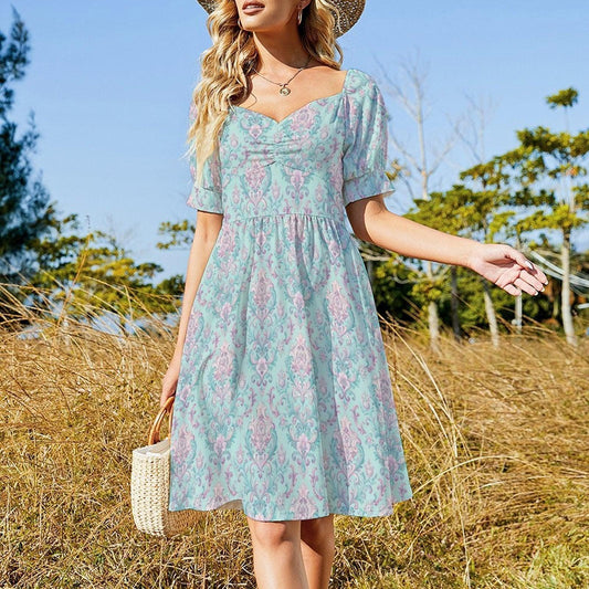 Mint Victorian Midi Dress, Soft Damask Sundress, Feminine Brunch Outfit
