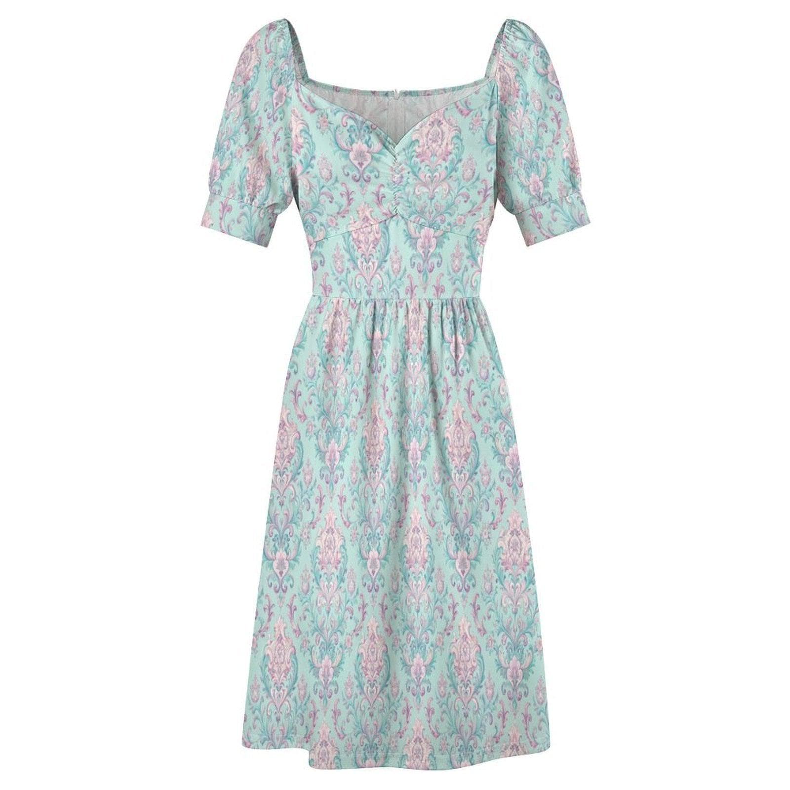 Mint Victorian Midi Dress, Soft Damask Sundress, Feminine Brunch Outfit