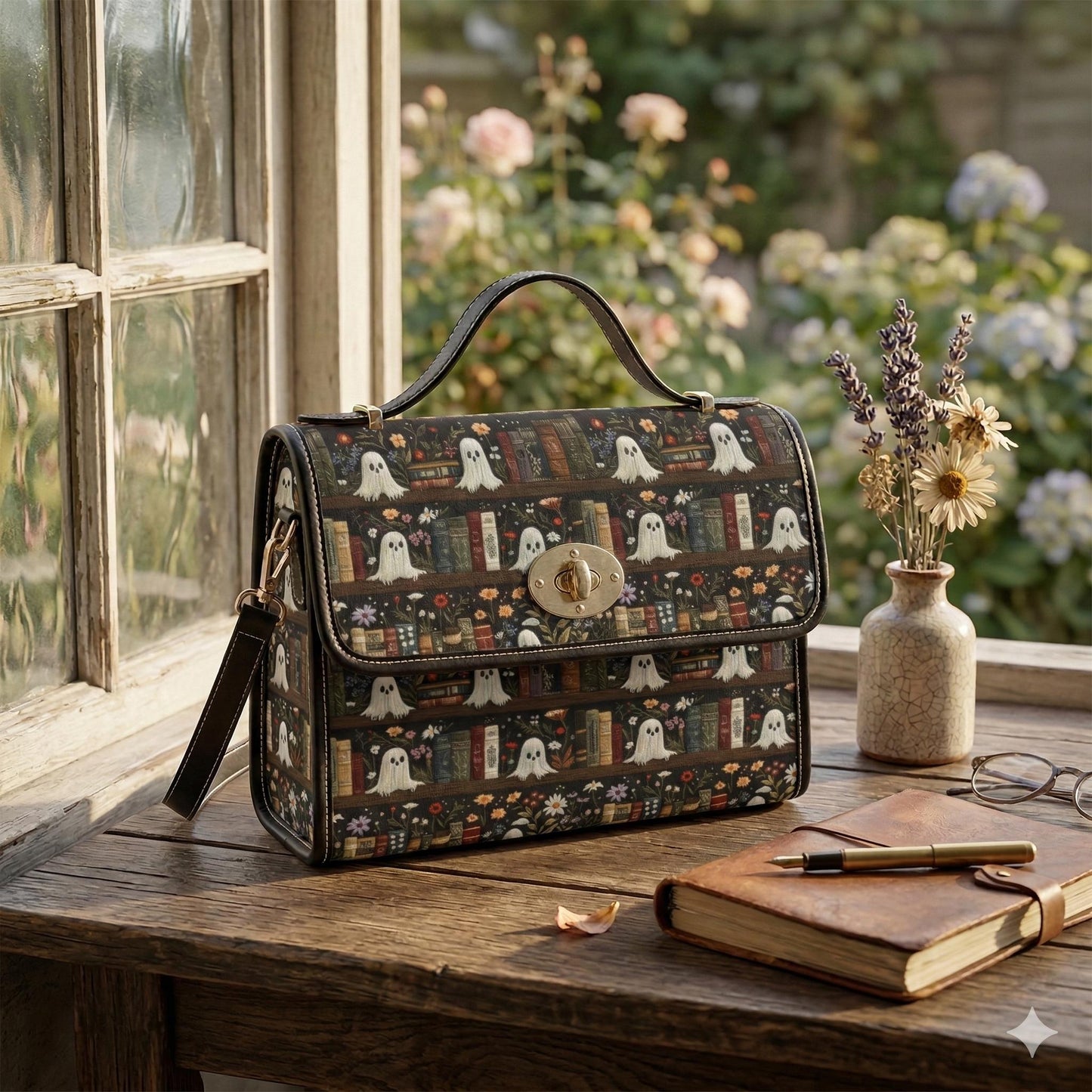 Ghost Library Shoulder Bag, Spooky Book Print Handbag, Witchy Crossbody Purse, Halloween Satchel with Ghosts and Books, Goth Academia Gift