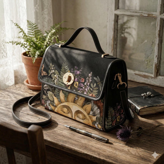 Cottagecore Fern Forest Canvas Satchel Bag, Boho Vegan Leather Crossbody Purse, Botanical Hippie Handbag