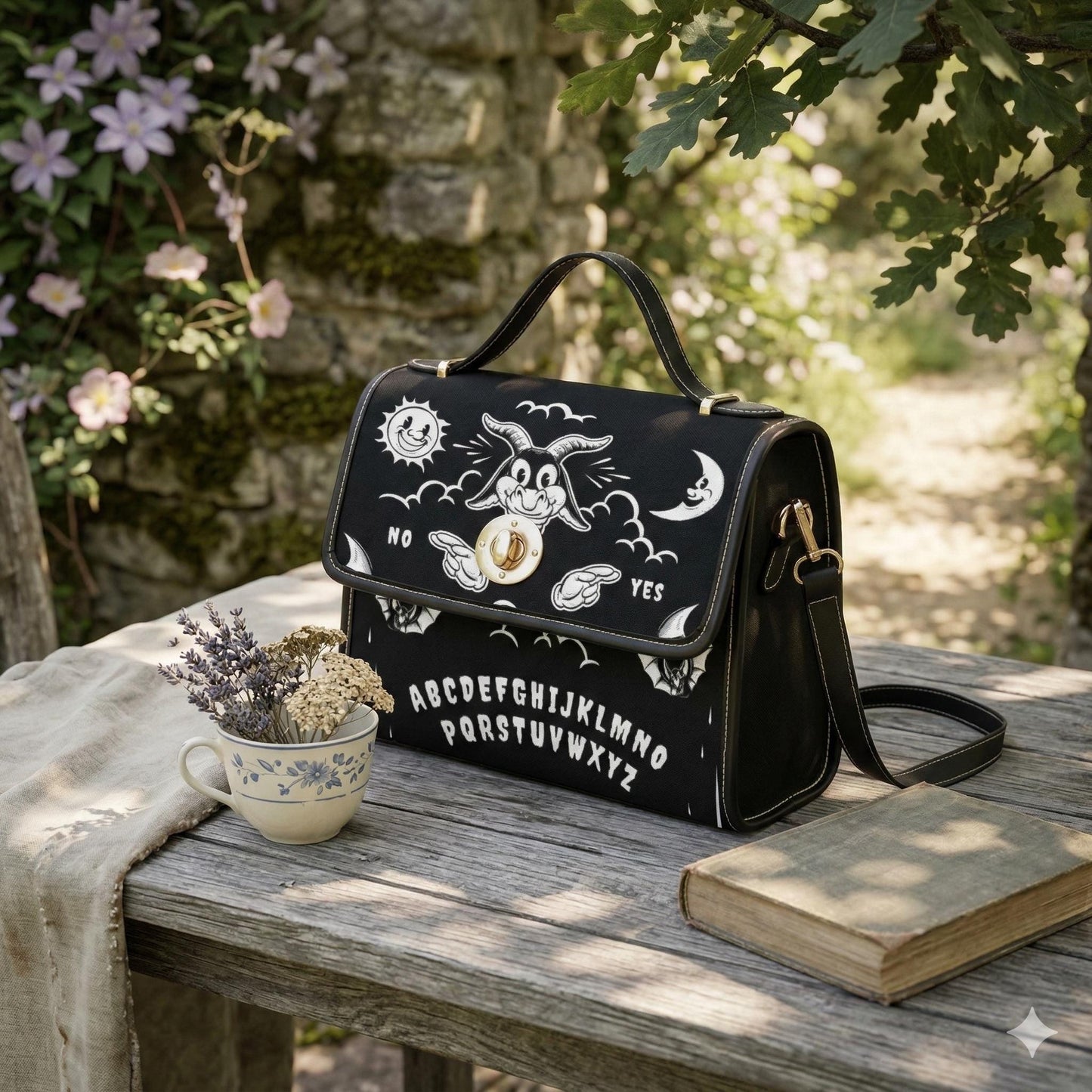 Dark Ouija Board Satchel Bag, Gothic Crossbody Purse, Vegan Leather Strap, Boho Hippie Gift