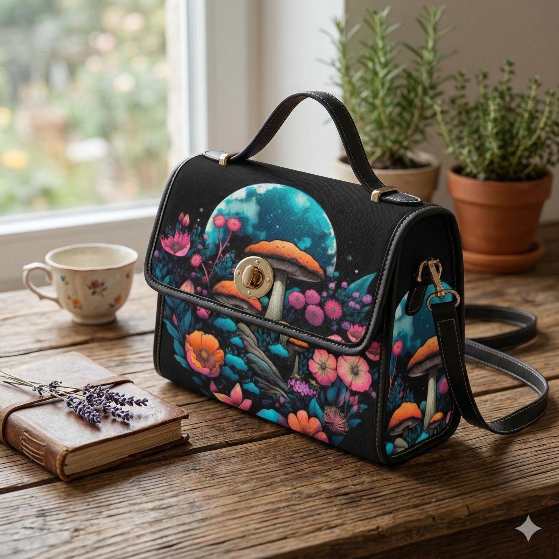 Glow Mushroom Bag, Moonlit Forest Purse, Trippy Shroom Crossbody, Fairycore Garden Print, Celestial Mushroom Style, Psychedelic Witch Bag