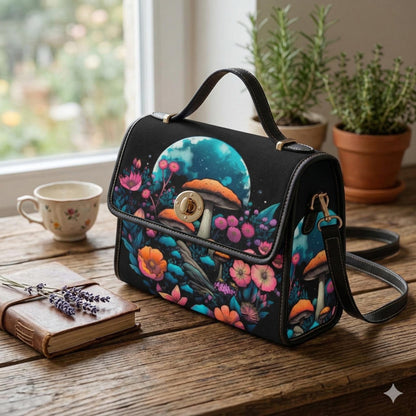 Glow Mushroom Bag, Fairycore Crossbody Purse, Celestial Forest Print, Witchy Garden Tote