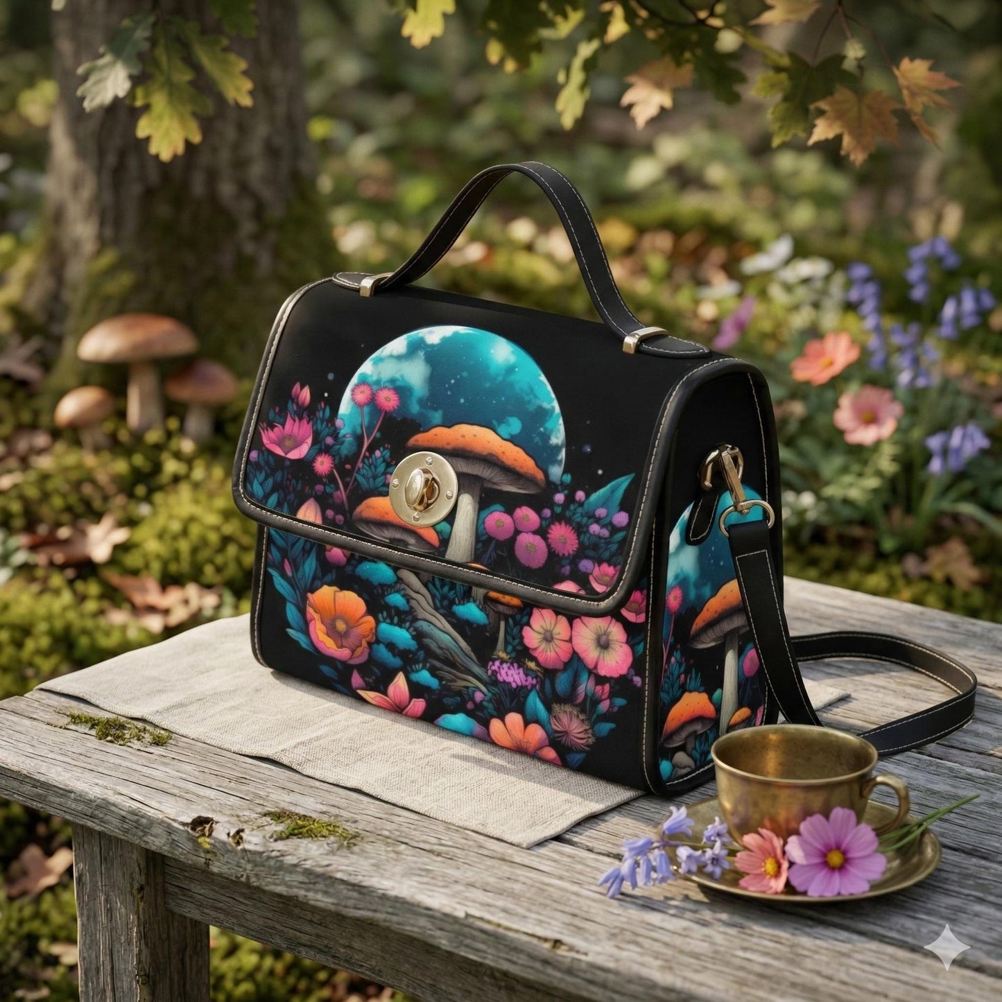 Glow Mushroom Bag, Moonlit Forest Purse, Trippy Shroom Crossbody, Fairycore Garden Print, Celestial Mushroom Style, Psychedelic Witch Bag