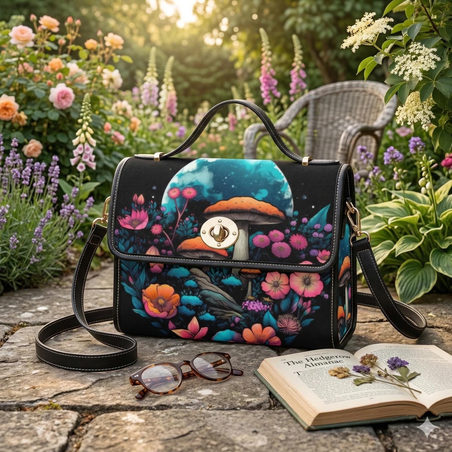 Glow Mushroom Bag, Moonlit Forest Purse, Trippy Shroom Crossbody, Fairycore Garden Print, Celestial Mushroom Style, Psychedelic Witch Bag