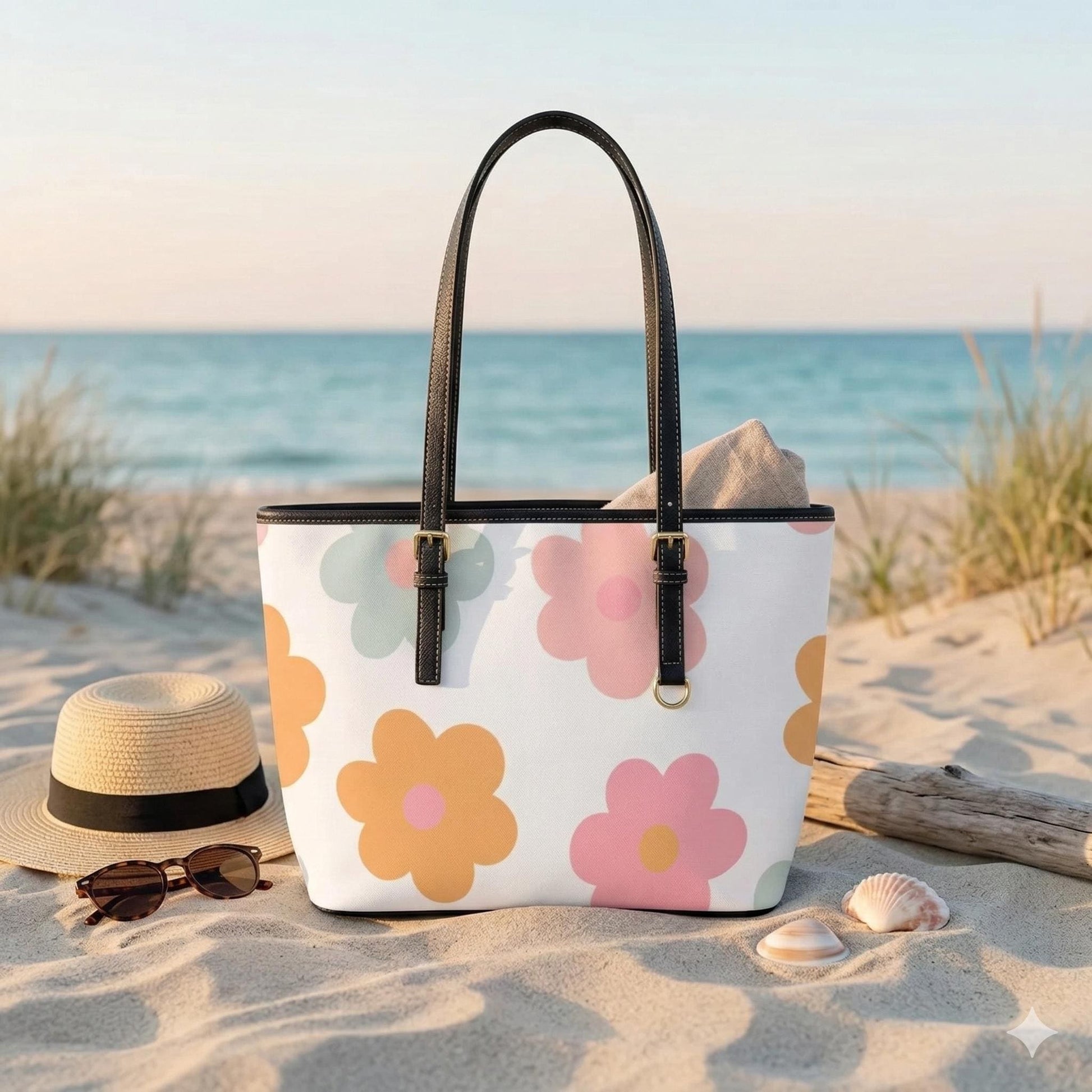 Floral Beach Tote Bag, Pastel Daisy Shoulder Bag, Cute Summer Carryall Purse