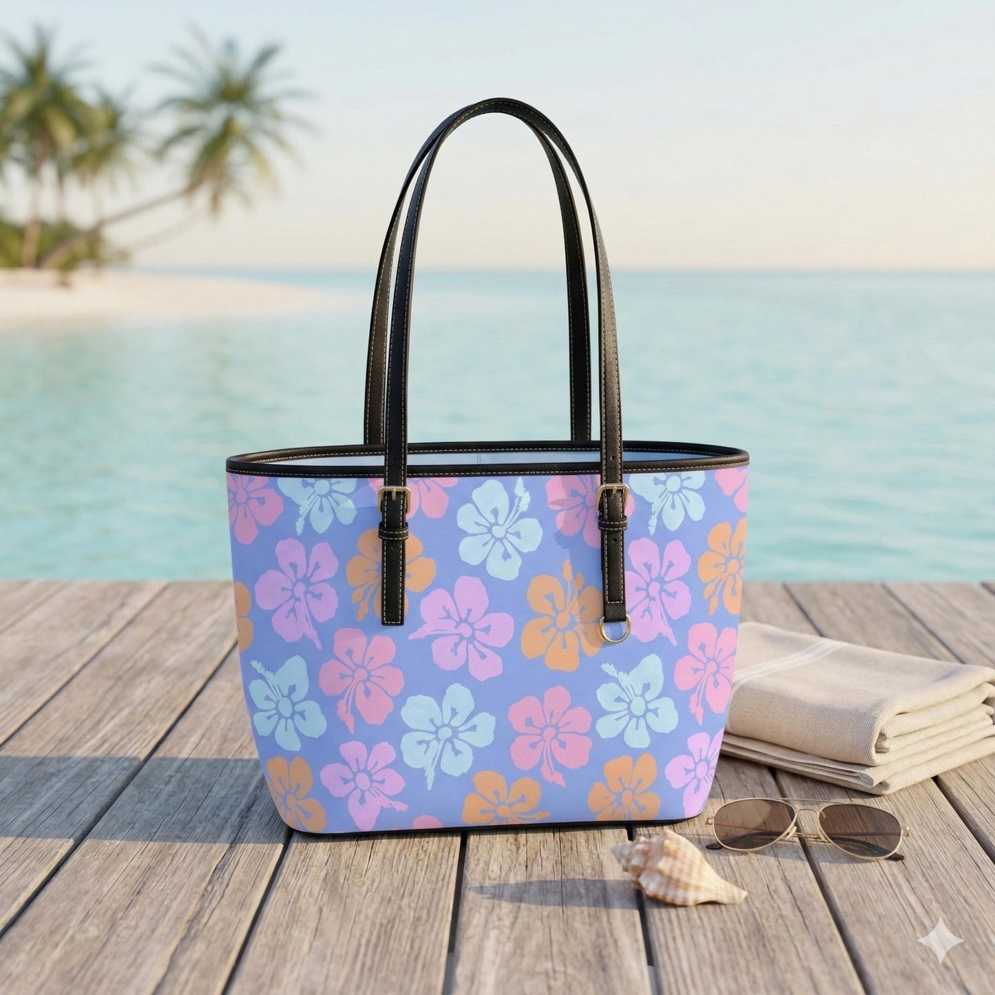 Tropical Floral Tote Bag, Hibiscus Shopper Purse, Island Vacation Handbag, Pastel Resort Tote