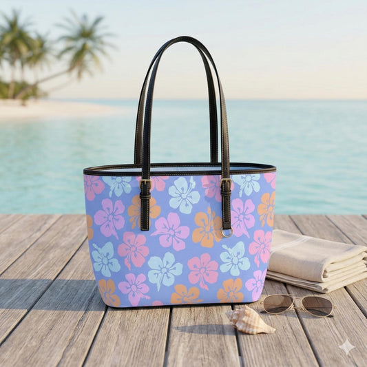 Tropical Floral Tote Bag, Hibiscus Shopper Purse, Island Vacation Handbag, Pastel Resort Tote
