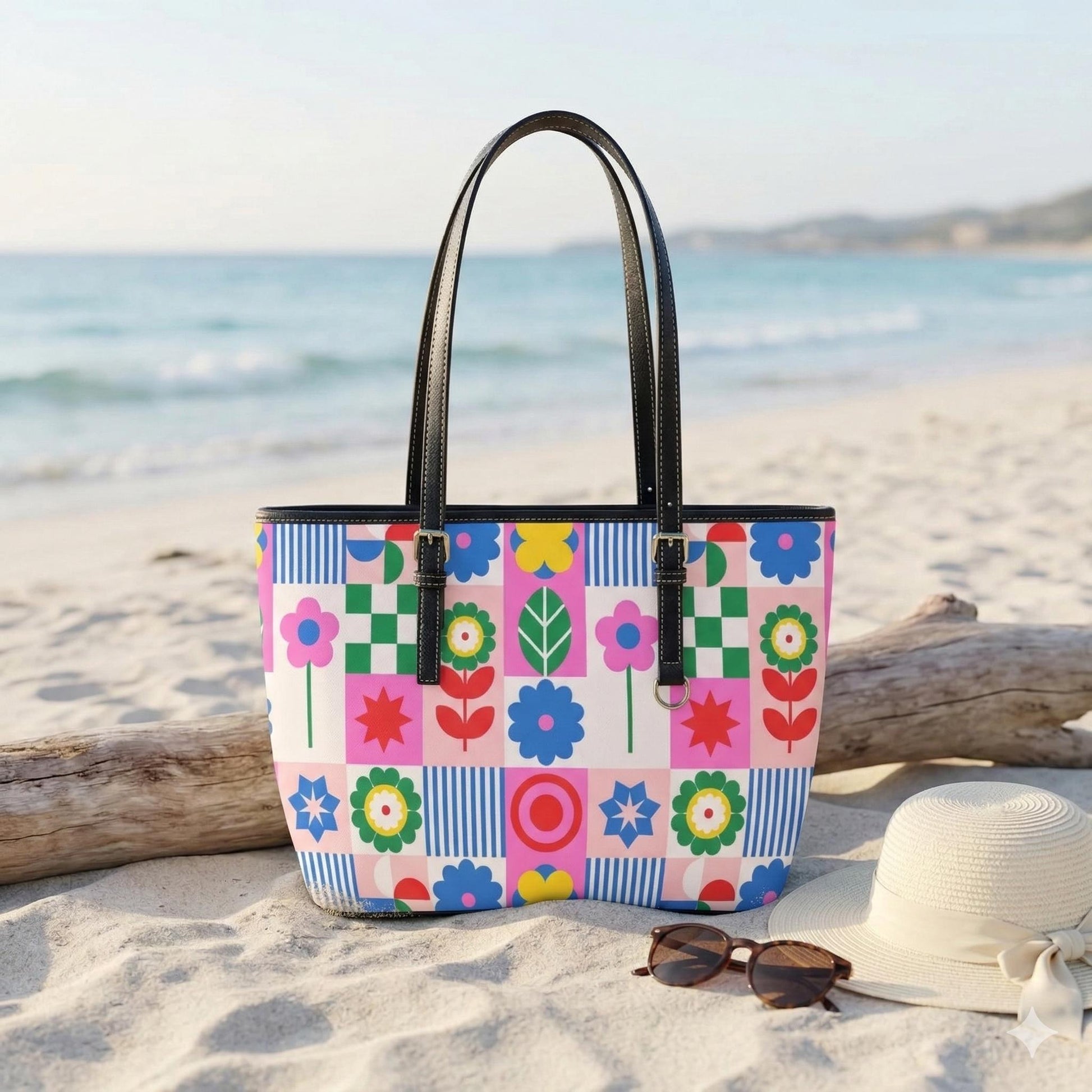 Retro Floral Beach Tote Bag Colorful Geometric Shoulder Bag Summer Poolside Carryall