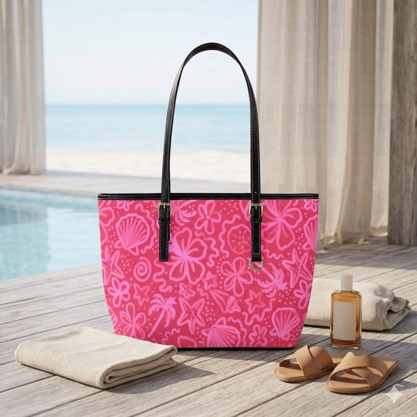 Beach Tote Bag in Pink Tropical Floral Shell Print, Summer Vacation Shoulder Purse