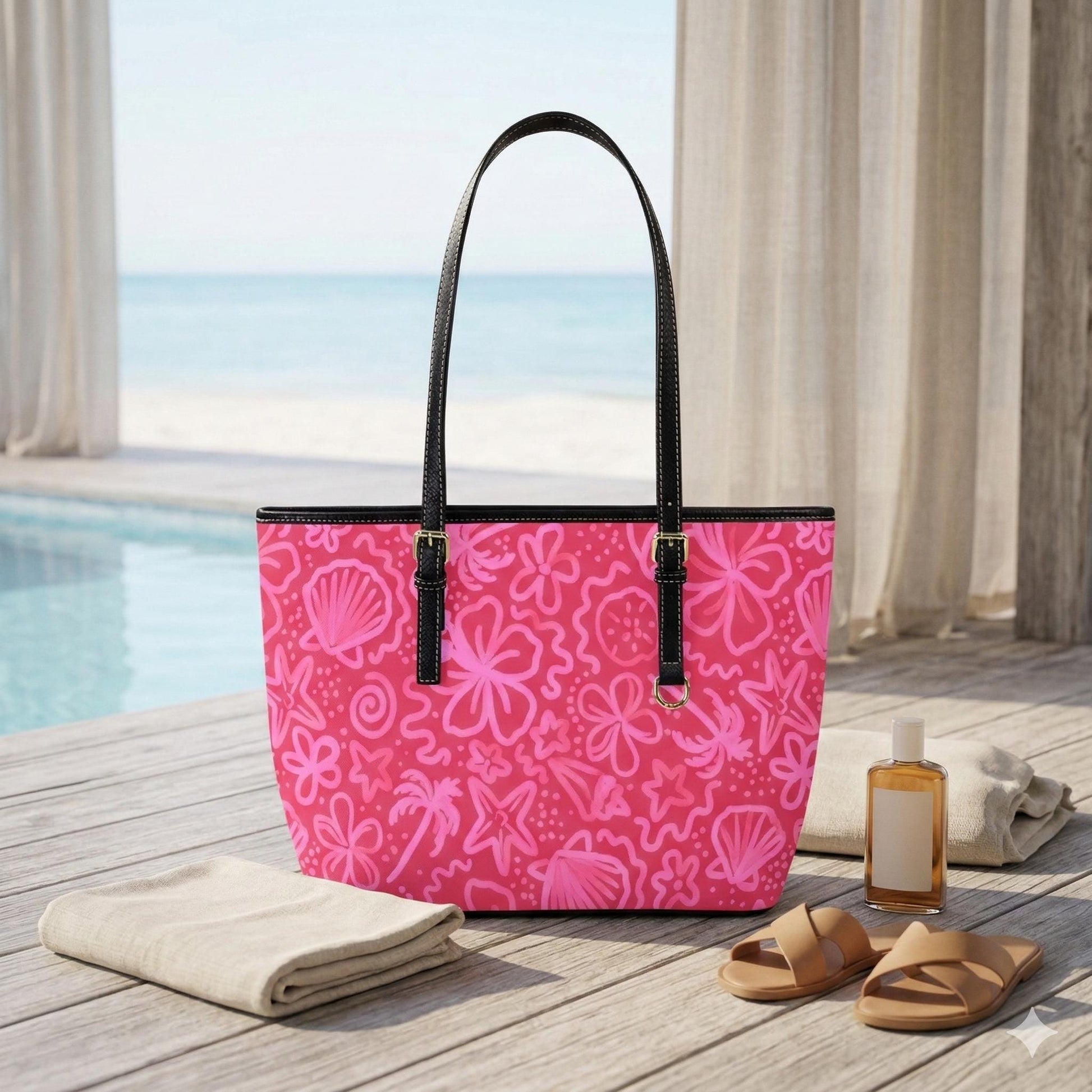 Beach Tote Bag in Pink Tropical Floral Shell Print, Summer Vacation Shoulder Purse